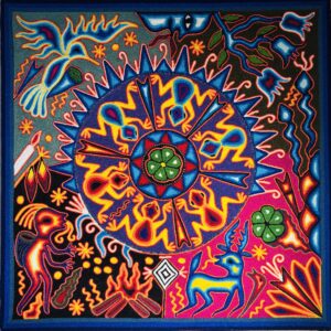 La Ceremonia al lado del Fuego - Wixarika Nierika Yarn Painting