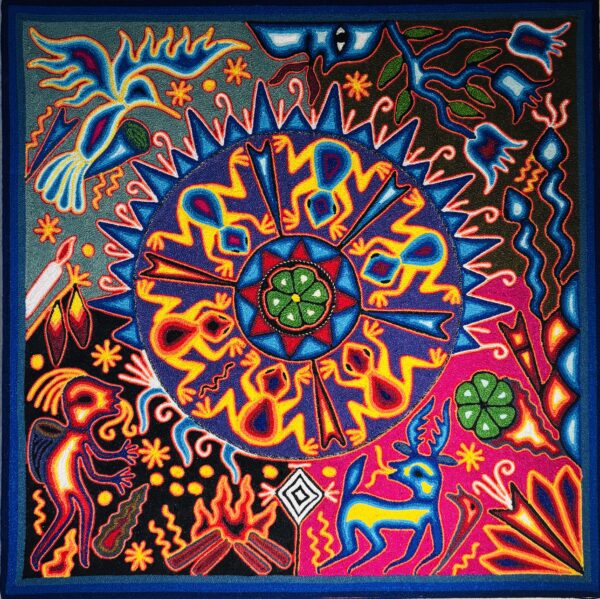 La Ceremonia al lado del Fuego – Wixarika Nierika Yarn Painting