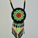 Wixarika Huichol Ceremonial Medallion Orange Green Necklace