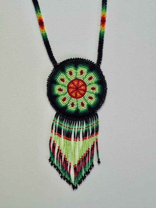 Wixarika Huichol Ceremonial Medallion Orange Green Necklace